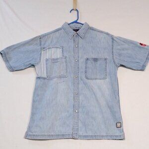 Bugle Boy Short Sleeve Premium Denim Med Pearl Snap Shirt Blue Jean BB77 Patch